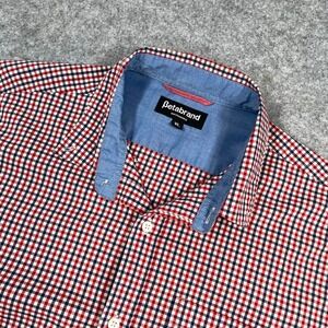 Betabrand Mens Button Down Shirt XL Red Navy Gingham Check Long Sleeve